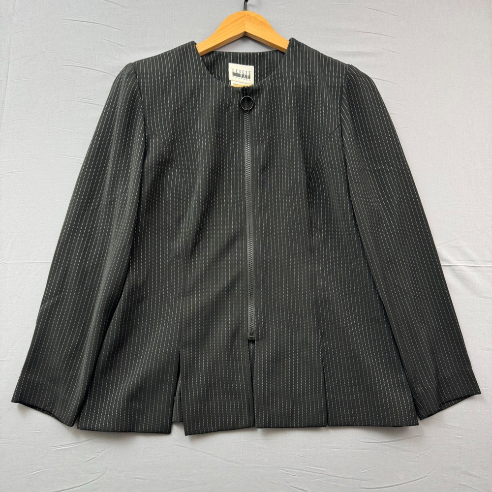 Leslie‎ Fay Black Pinstripe Zip Front Collarless Blazer Jacket Size 8 Ring Pull